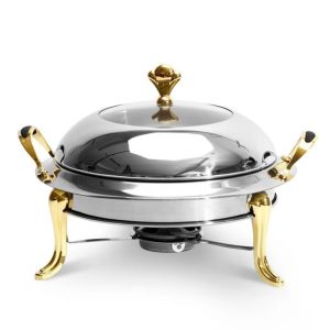 Elegant stainless steel buffet set tray with gold handles. Perfect for events, catering, or home use.