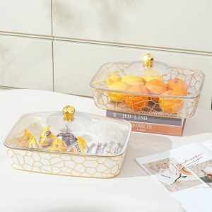Plastic Golden Dome and Gold Edge Transparent Fruit Plate